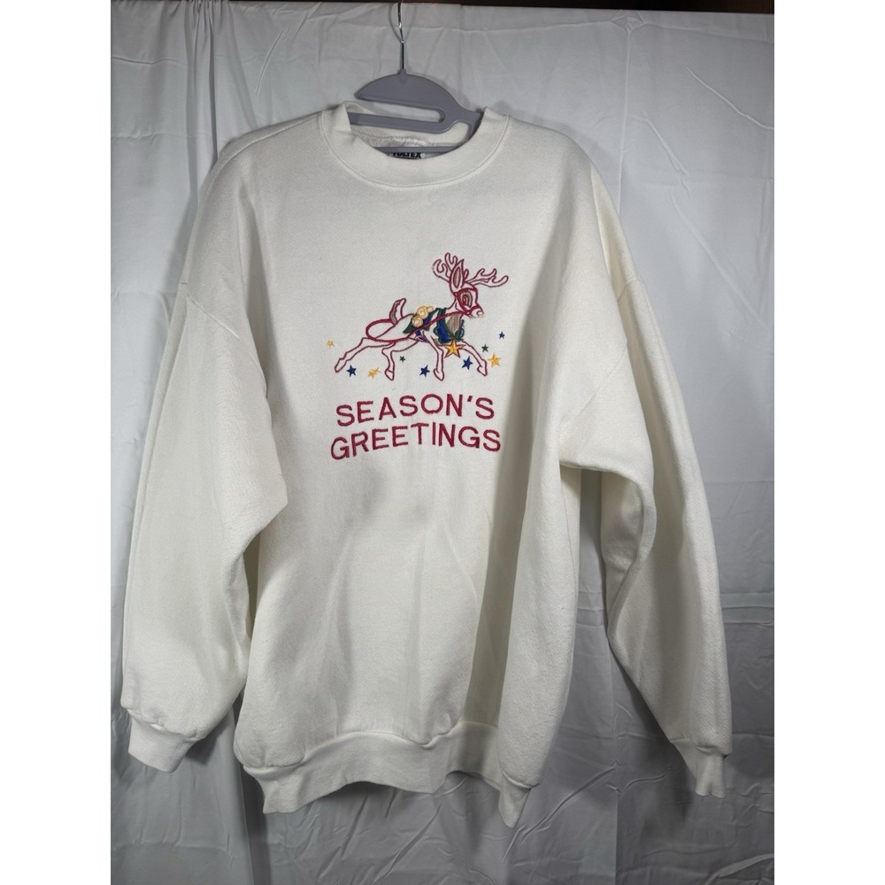 Vintage tultex seasons greetings sweatshirt XL white‎ embroidered reindeer Y2K